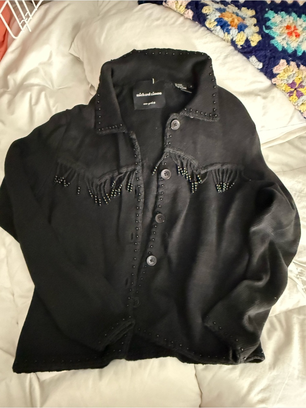 Michael Simon Black Beaded Fringe Button-Up JacketSweater